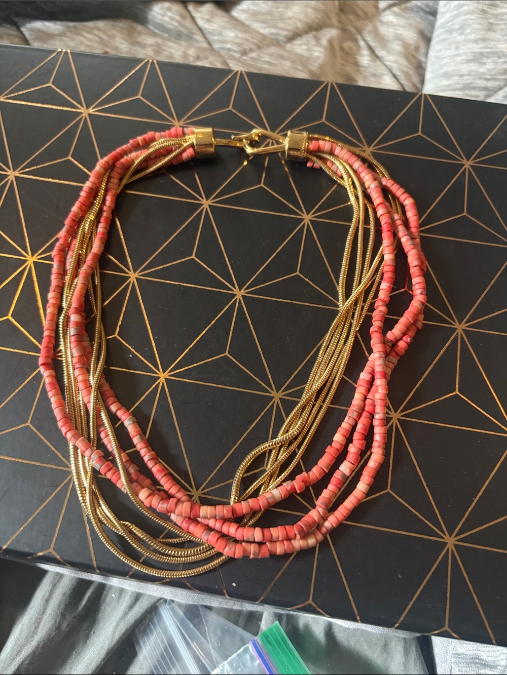 Multi-Strand Coral Bead and Gold Necklace